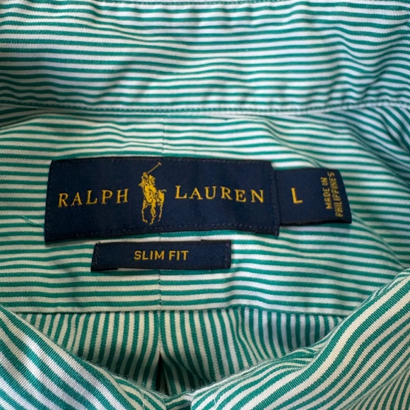 Ralph Lauren Button Down Casual Shirt Mens Size Large Slim Fit Green Striped - Picture 3 of 7